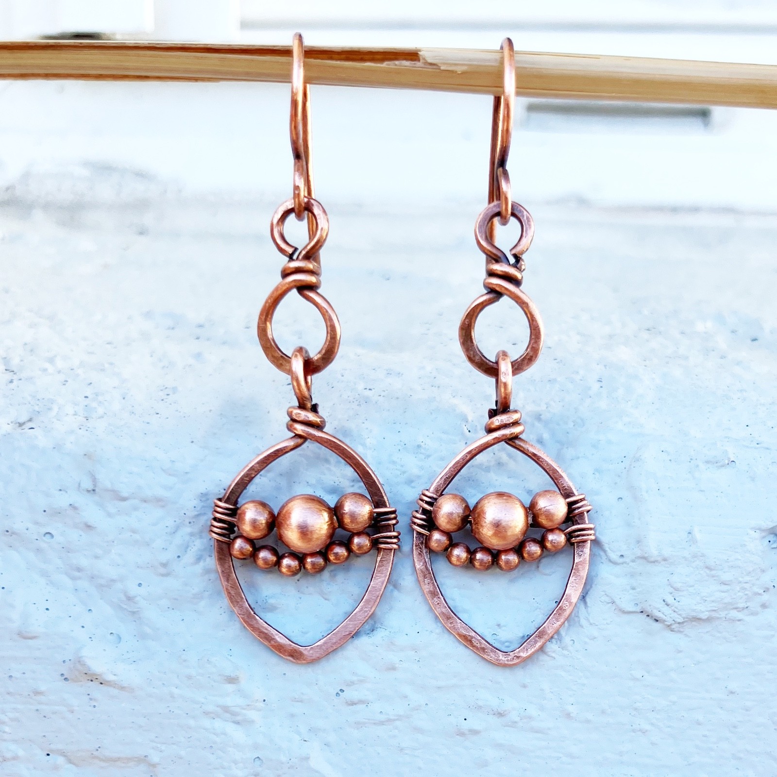 Beaded Wire Wrapped Boho Dangle Earrings Leaf Solid Copper Unique Handcrafted