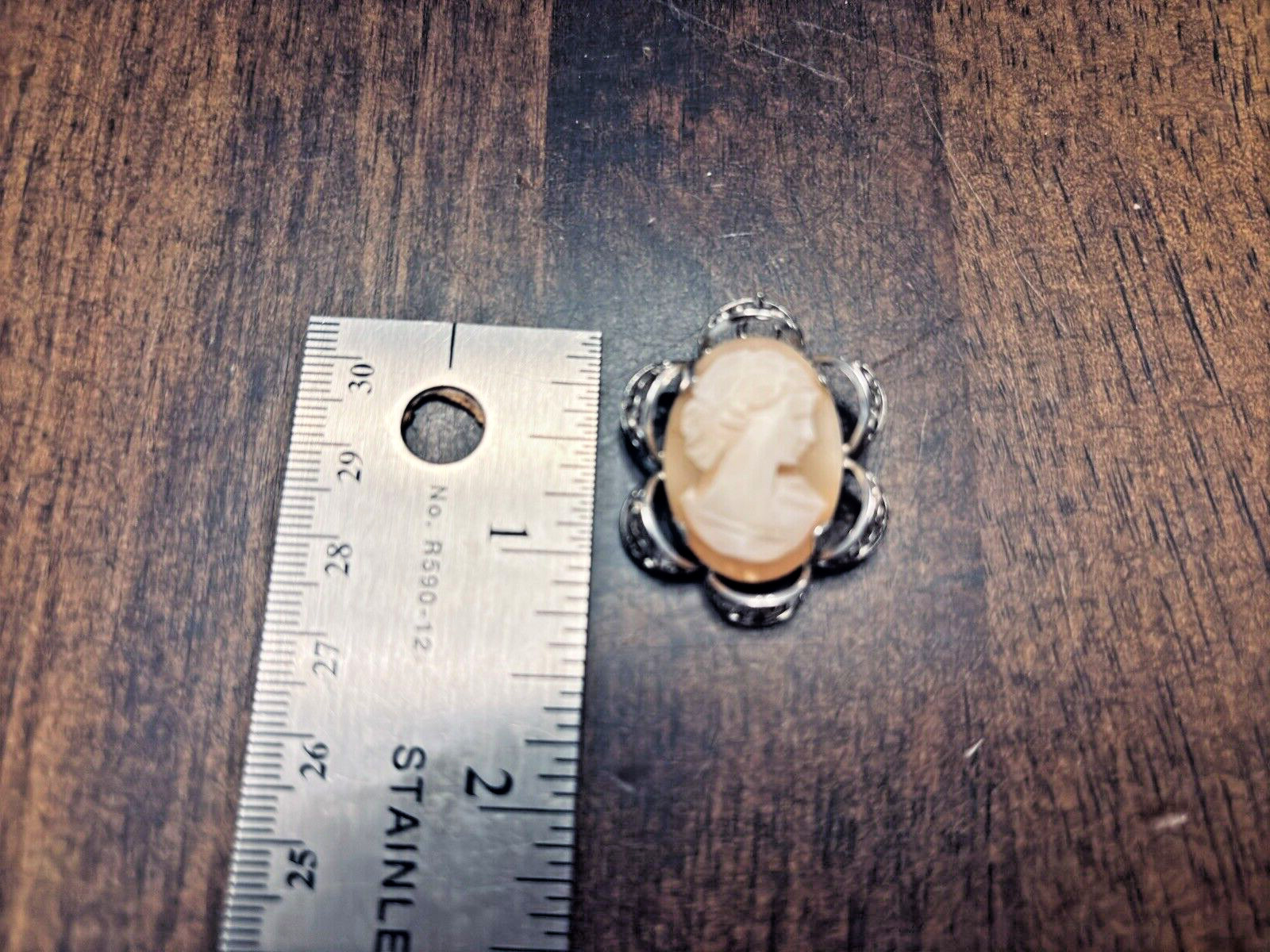 Sterling Silver Eniko Brooch Pendant with Cameo and Filigree Design 1 x 1 3/8 In