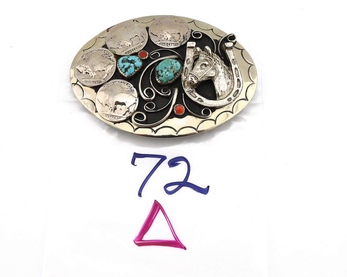 Navajo Horse Belt Buckle Nickle Silver Gemstone Handmade Native American C.80’s
