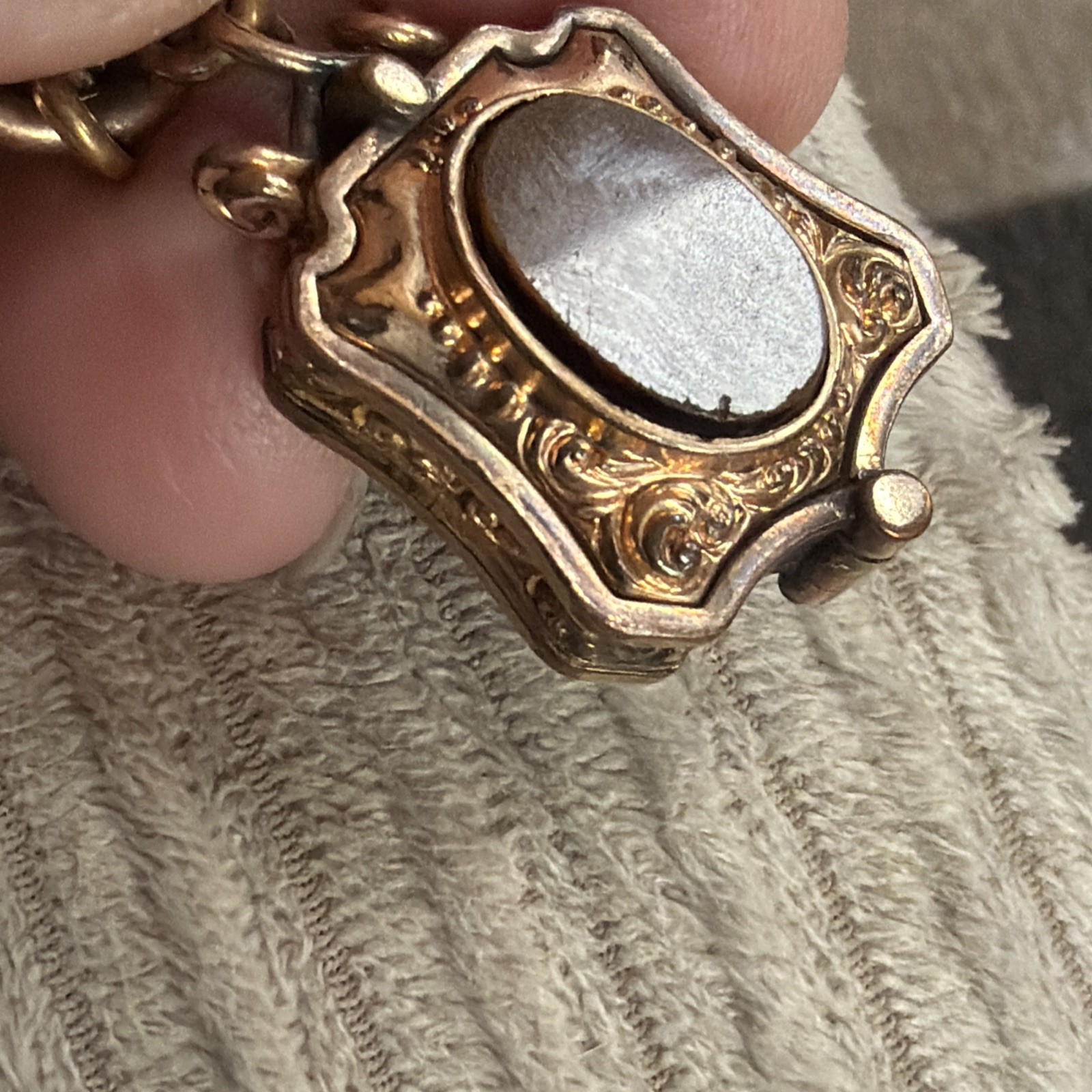 Victorian Etruscan 48g Gold Fill Book Chain Necklace Slide GF Locket Tiger Eye