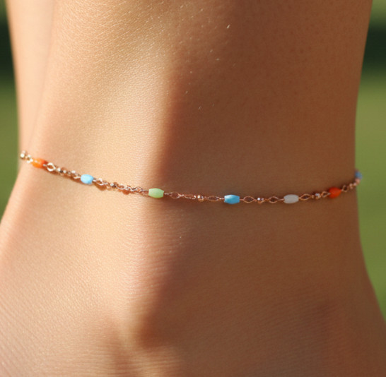 Beaded Link Anklet Rose Gold Plated Multicolor Enamel Dainty Chain Handmade