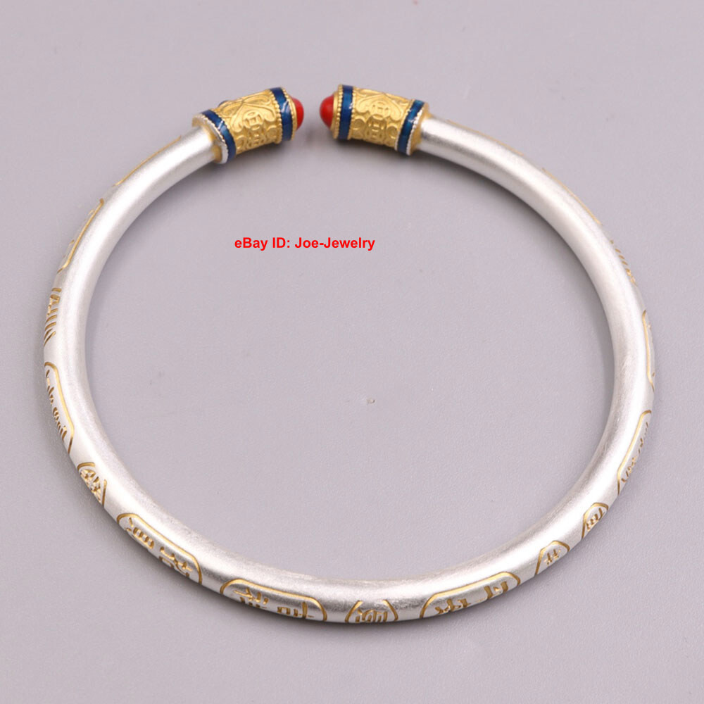 Pure Fine Silver S999 Women’s Open Bangle Fit Wrist 2.36inch Golden Lucky Words