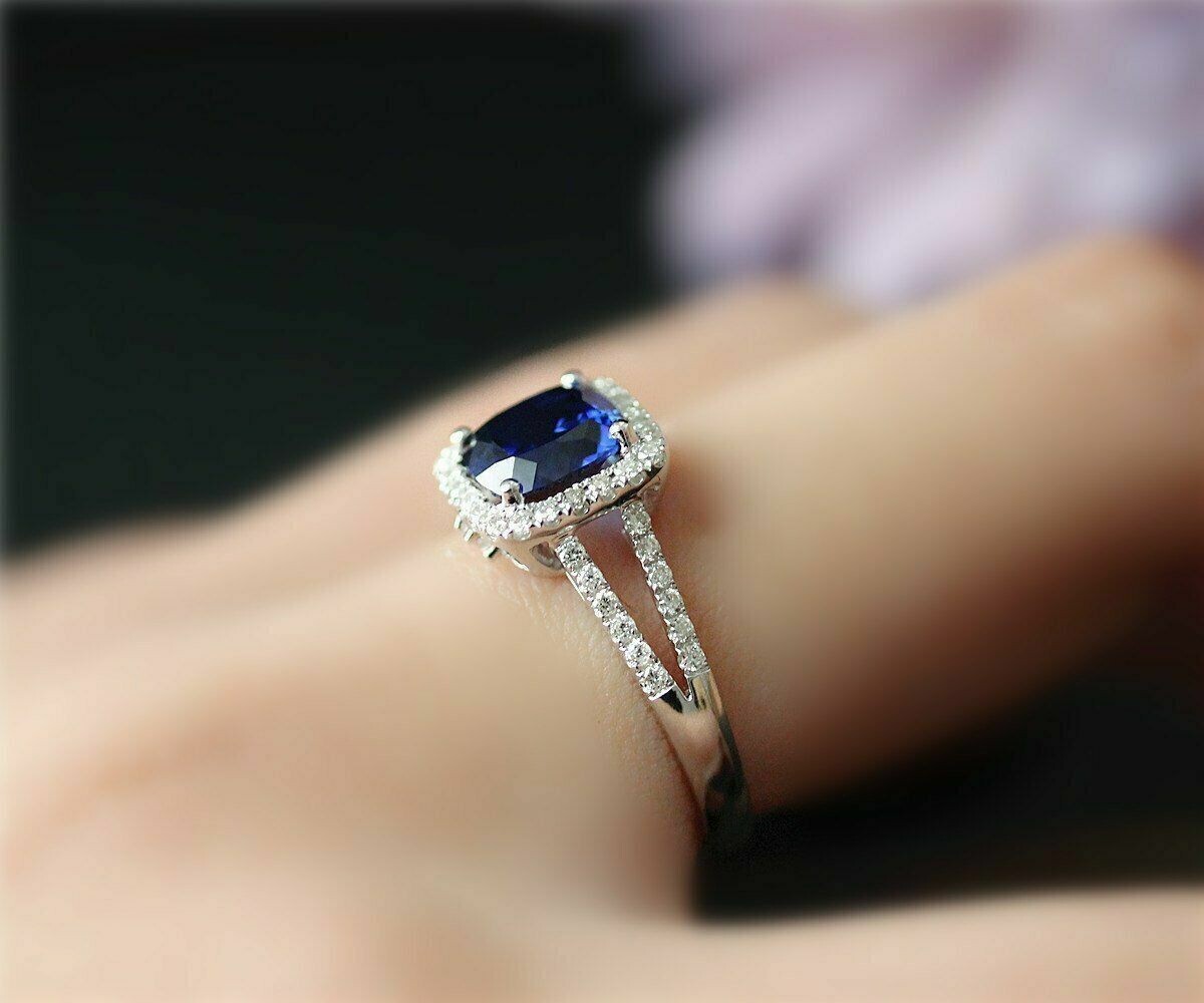 2.1Ct Cushion Cut Lab Created Diamond Halo Engagement Ring 14K White Gold Finish
