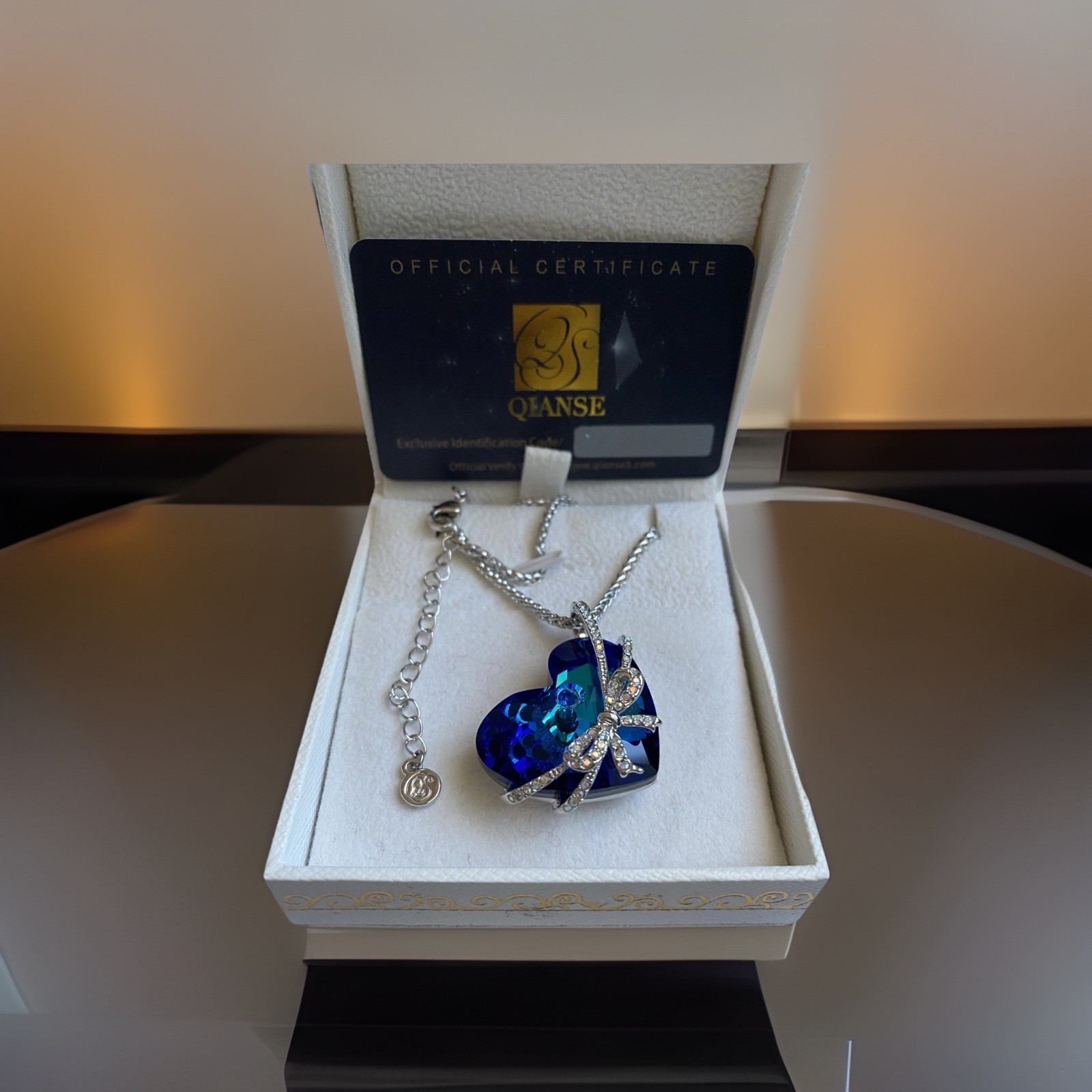 Vintage Qianse Swarovski Crystal Blue Heart Love You Forever Necklace 16″ Gift