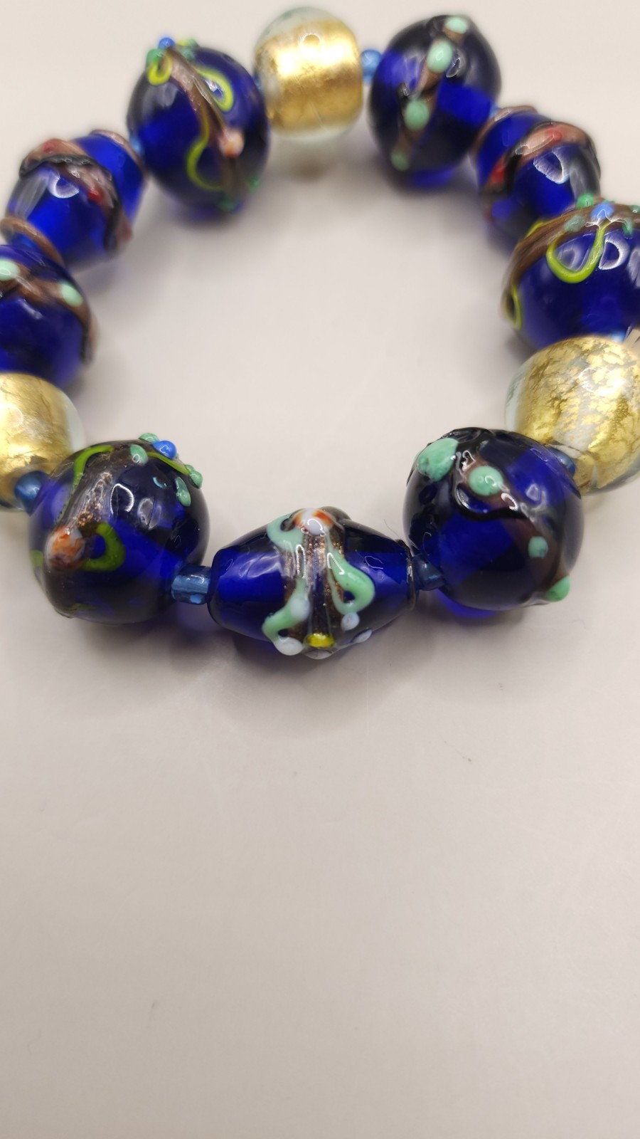 Vintage Murano Glass Bead Stretch Bracelet Cobalt Blue Gold Foil Wedding Cake
