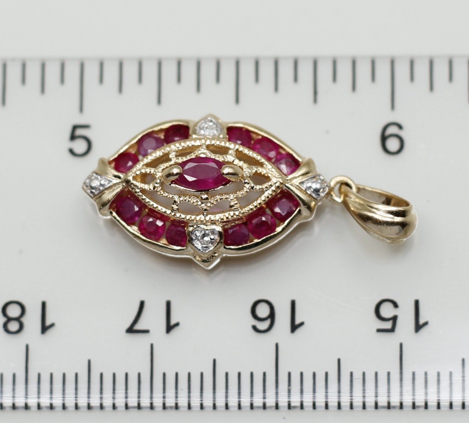 Oval 14k Yellow Gold Ruby & Diamond Cluster Filigree Pendant – 3 Grams