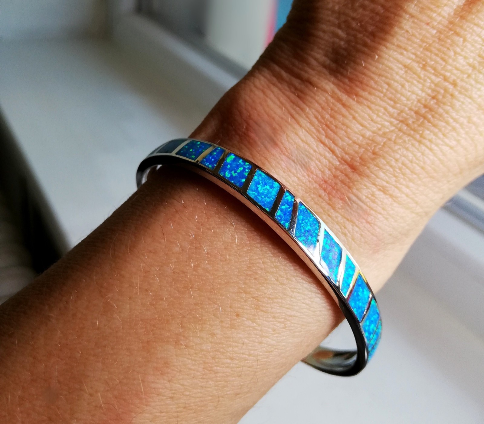 Blue Opal Bracelet Fire Opal Bangle Stainless Steel Silver Bigsam Opal Hoop