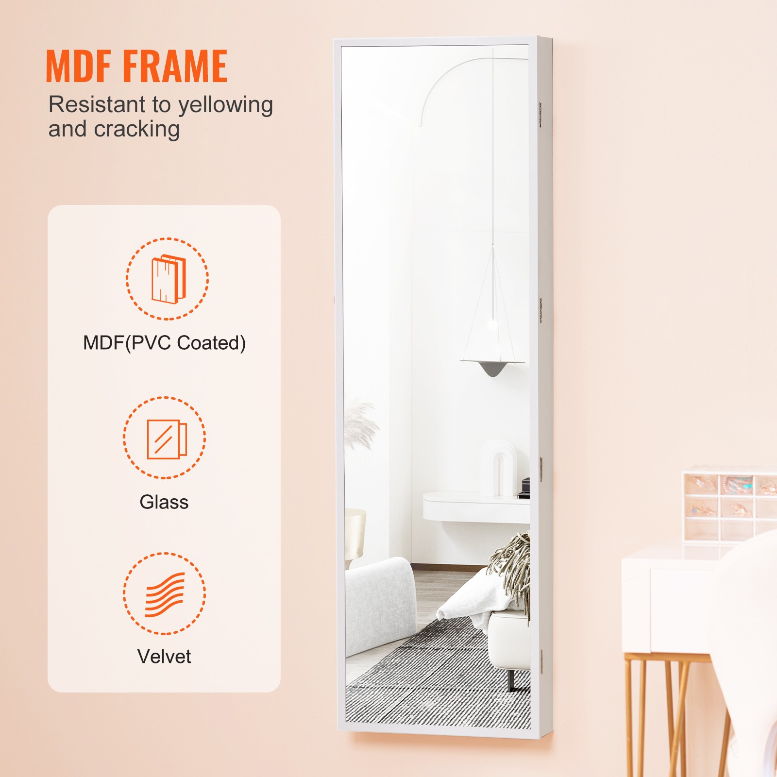 Uimoso Mirror Jewelry Cabinet47.05in Lockable Wall or Door Mounted Armoire White