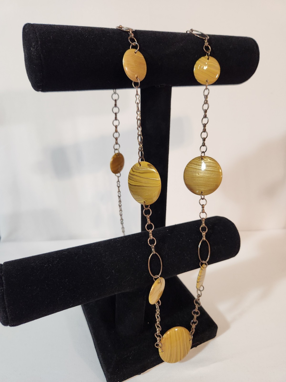 Vintage Gold Tone Wood Grain 1970s Disc Station Necklace Long Chain