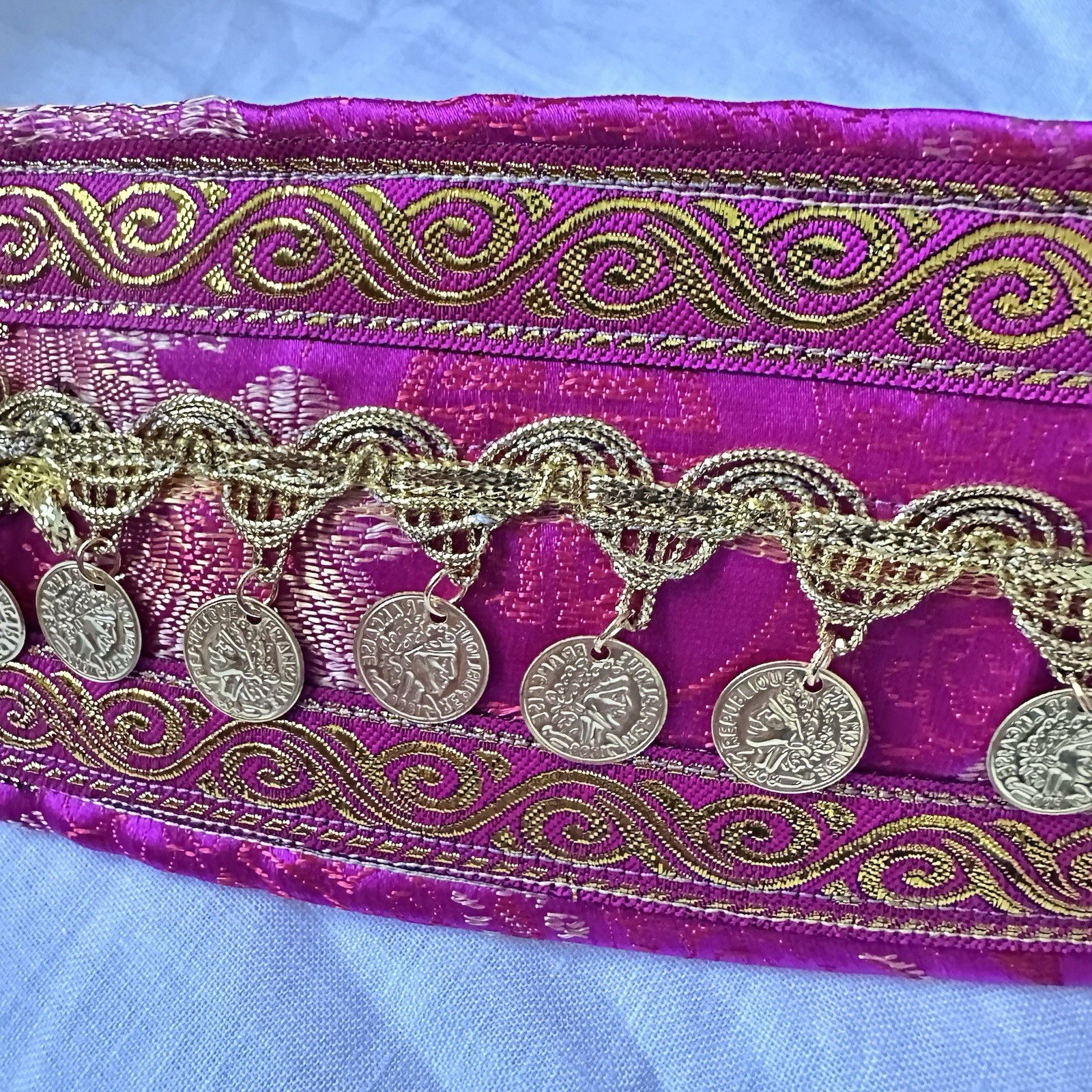 Artisan Fuchsia and Gold Coin Cuff Bracelet Adjustable Wrist Jewelry Art Signed