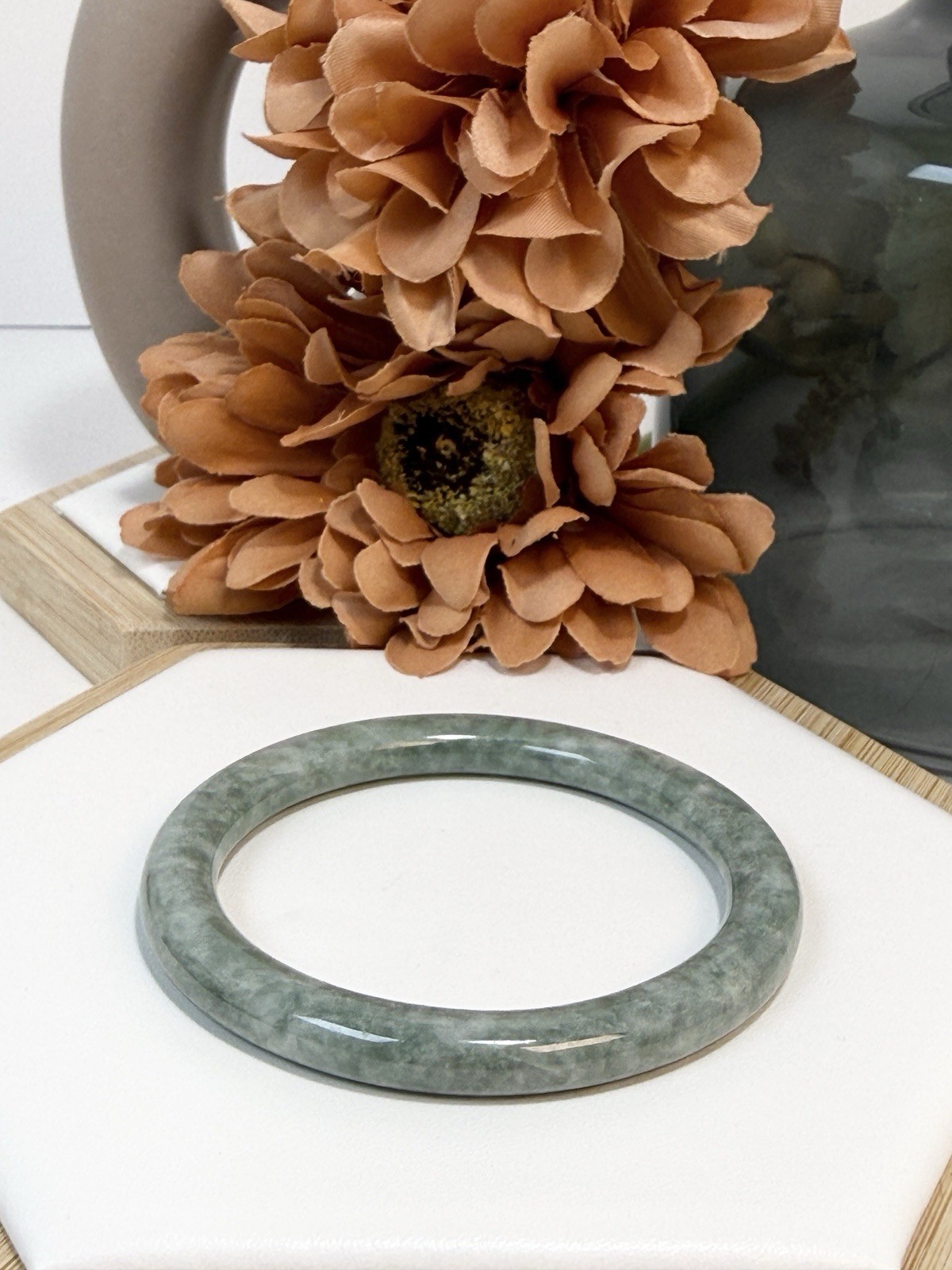 Jadeite Apple Green (slight surface crack) Hard Bangle Size: 55.9MM Width: 7.1MM