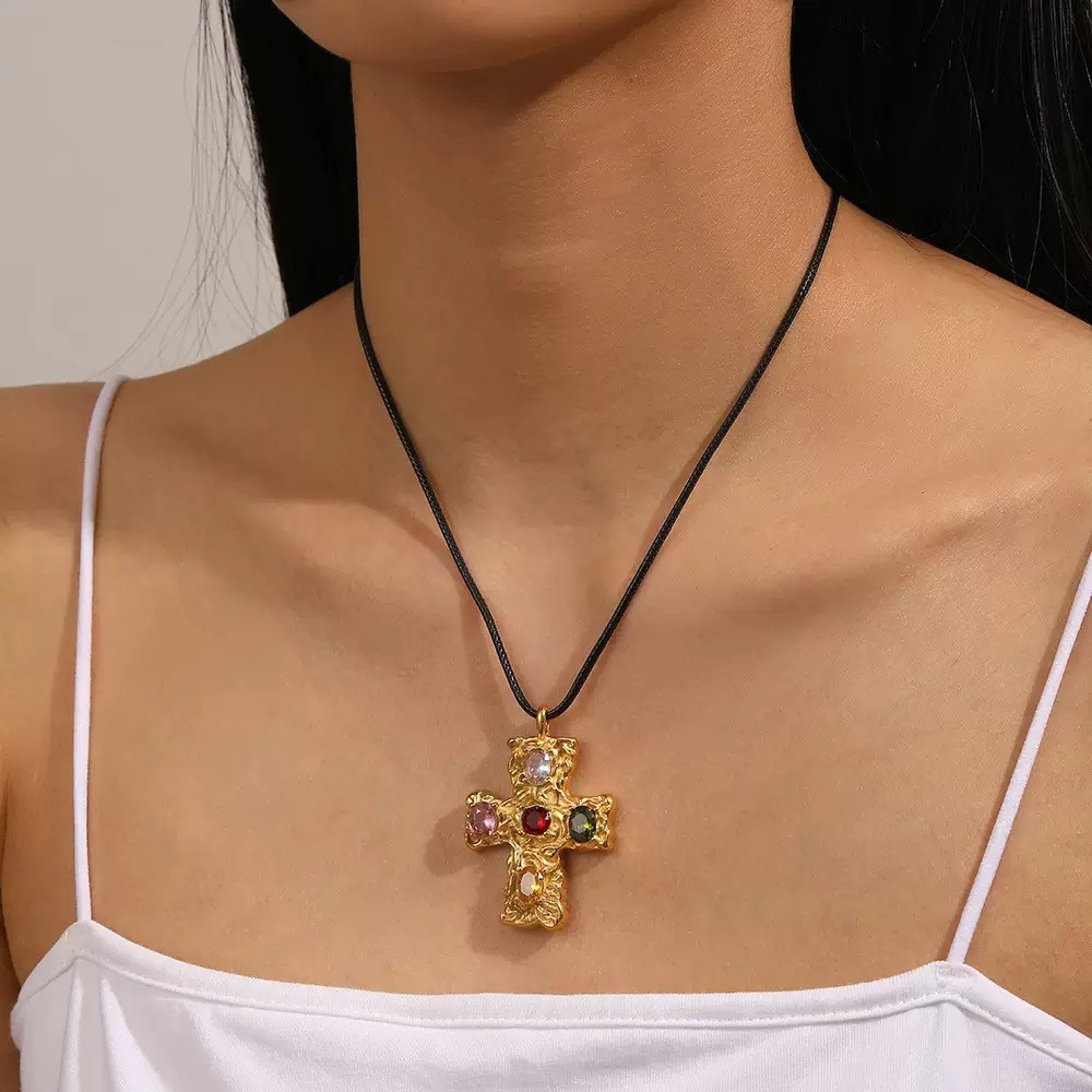 Stainless Steel Waxed Cord Colored Zircon Hammer Cross Inlaid Zircon Necklace