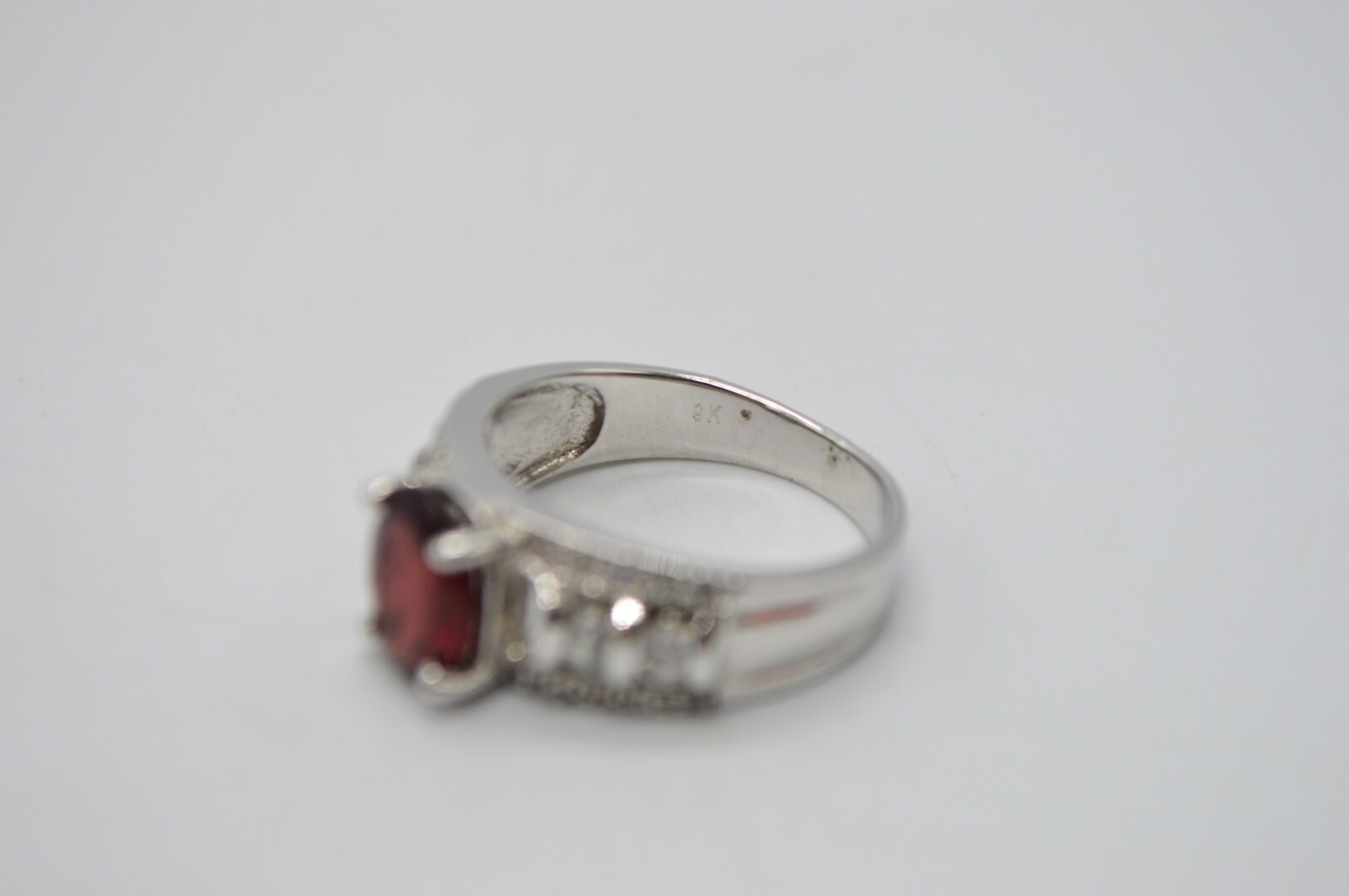 9K English White Gold Plated Red Almandine Clear Rhinestone Ring Size 7.25