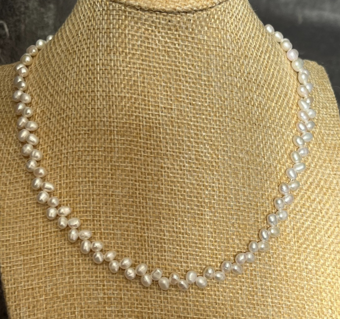 White Rice Pearl Necklace Bracelet Set S925 Woven Wheat Sheaf Braid 5-8mm