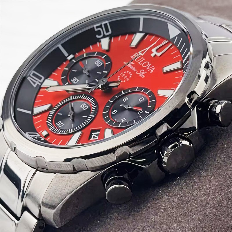 Bulova Marine Star 98B350 Men’s Chronograph Quartz Watch Red Dial Stainless 43mm