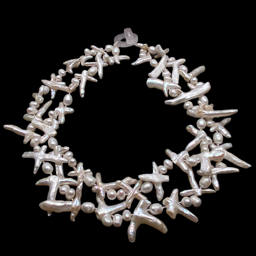 2 Rows White Cross Pearl Statement Necklace Designer Beads Jewelry Femme
