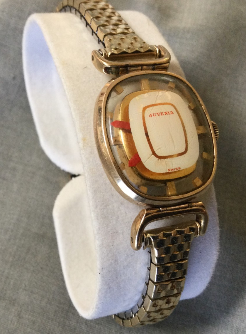 Vintage Juvenia Swiss Skeleton Mystery Watch 17 Jewels Speidel Band 10 K GF Caps