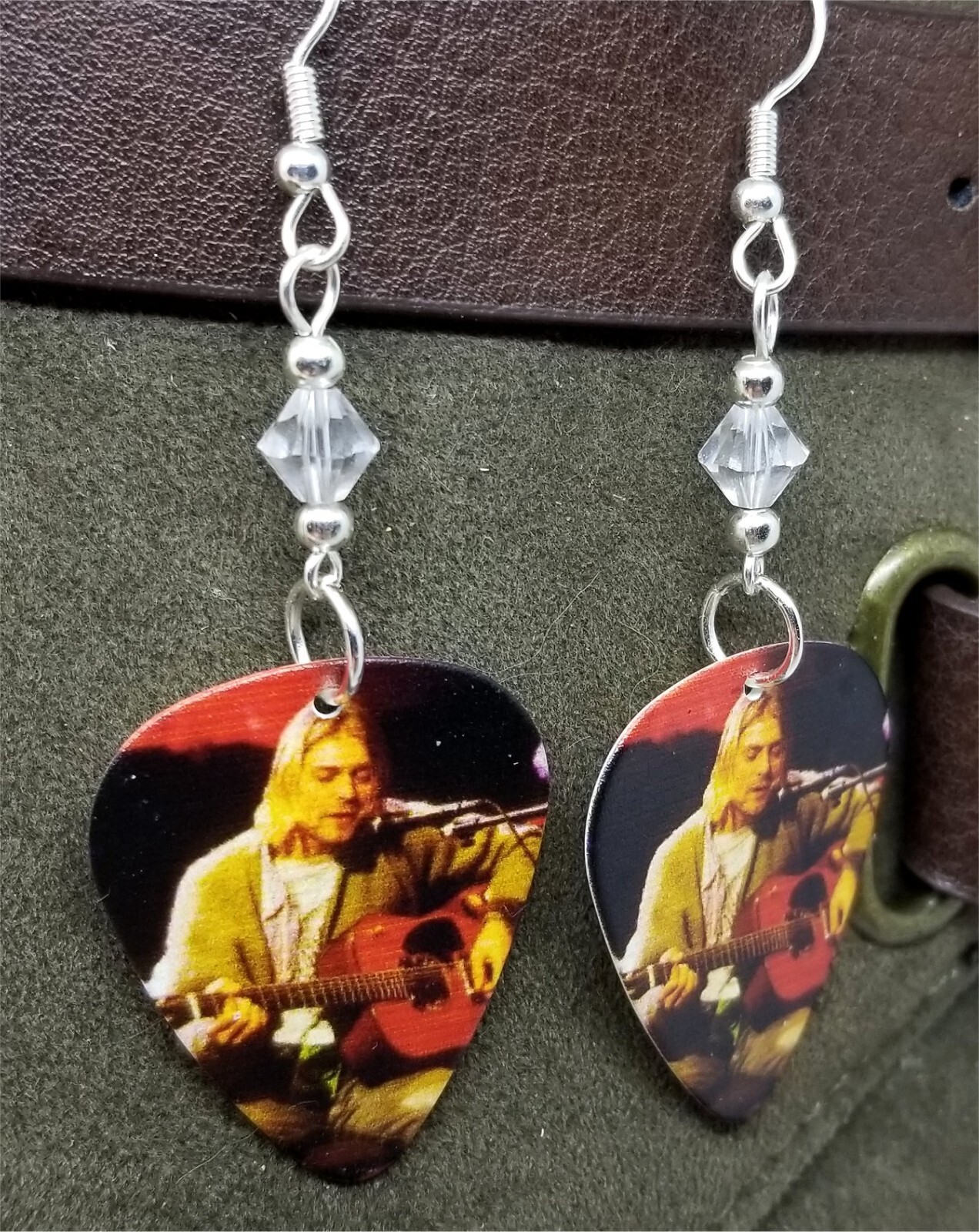 Nirvana Kurt Cobain on Stage Guitar Pick Earrings With Clear Swarovski Crystals