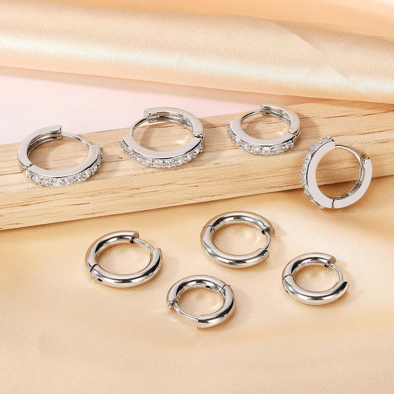 Surgical Steel Small Huggie Hoop CZ Stud Earrings Set for Women