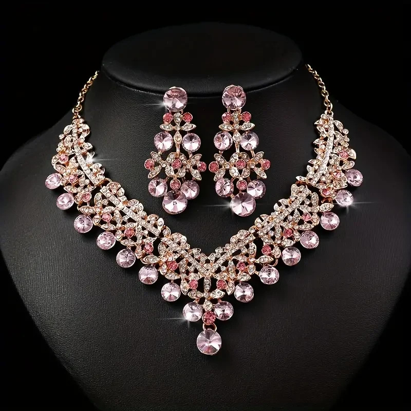 Fashion Pink Crystal Evening Wear All Occasion Necklace Earring Set