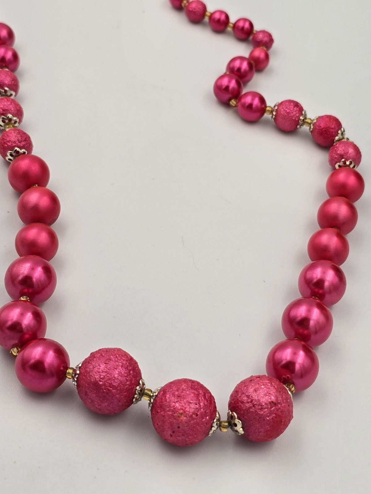 Vintage Hot Pink Fuchsia Beaded Necklace Long Single Strand Matte Textured Glass