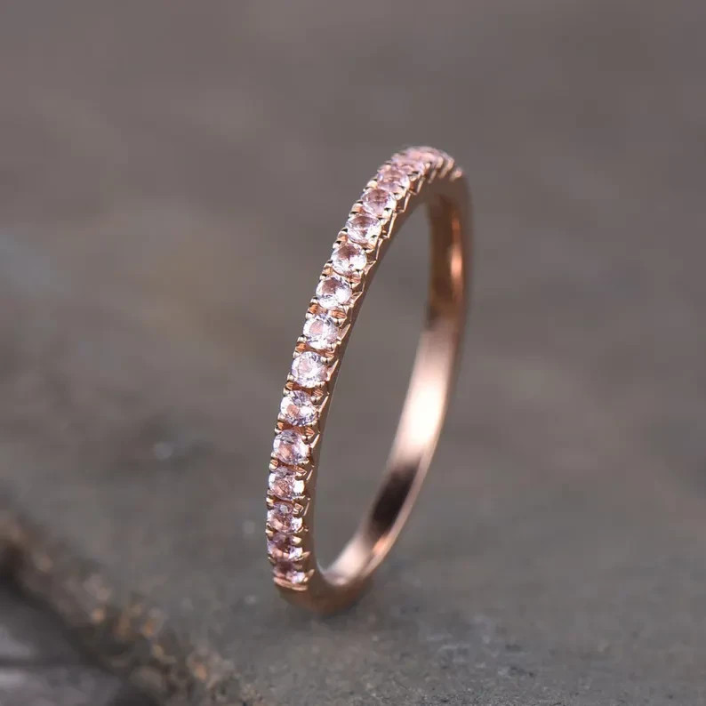14K Rose Gold Plated Round Cut Morganite Stackable Half Eternity Band Ring