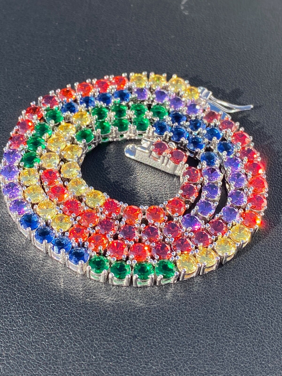 Tennis Chain SOLID 925 Sterling Silver Single Row Rainbow CZ Necklace ITALY