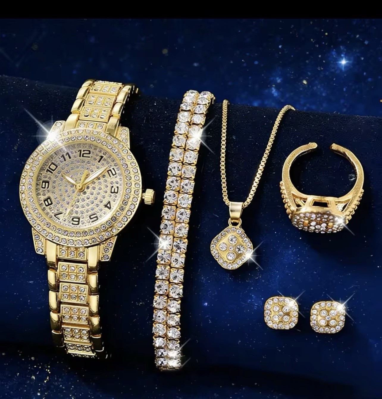 Gold Tone White Rhinestone Jewelry Set Watch Bracelet Necklace Ring Earrings