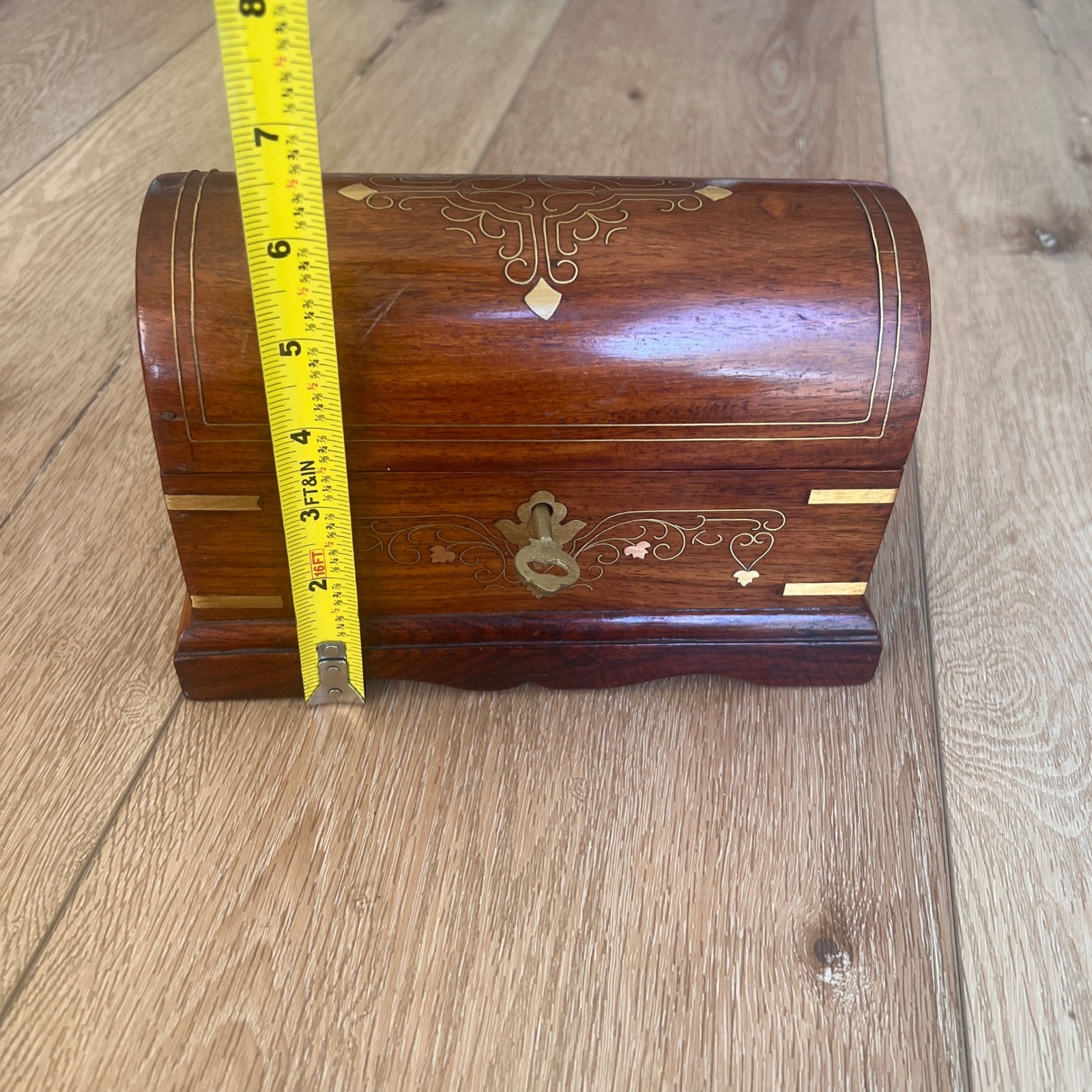Vintage Wooden Jewelry Box Dome Top Brass Inlay Chest with Key Keepsake Box