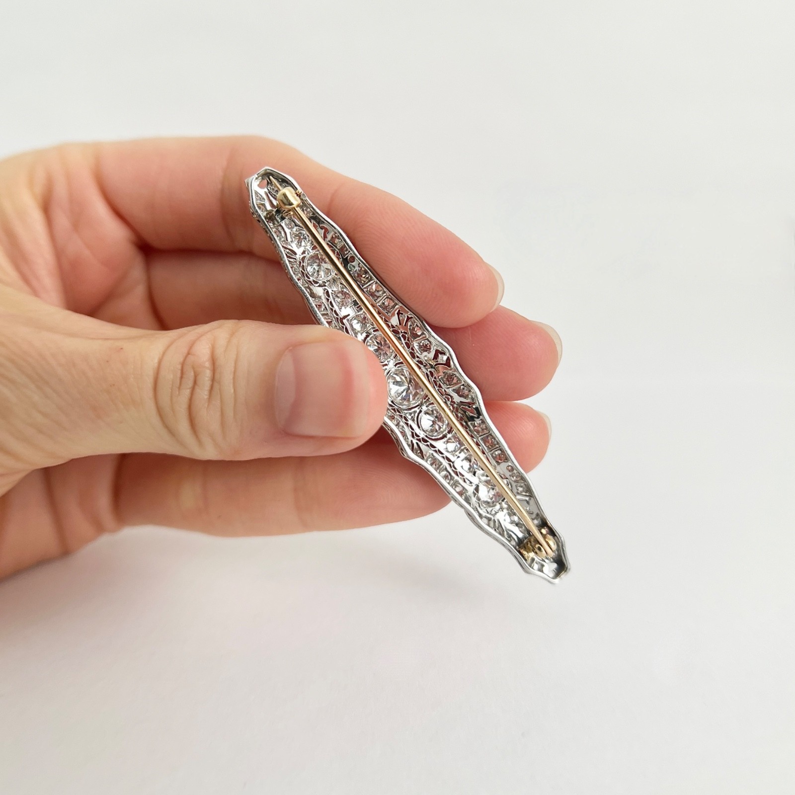 Antique Edwardian Long Filigree Diamond Brooch Pin Platinum, 10.23 Grams