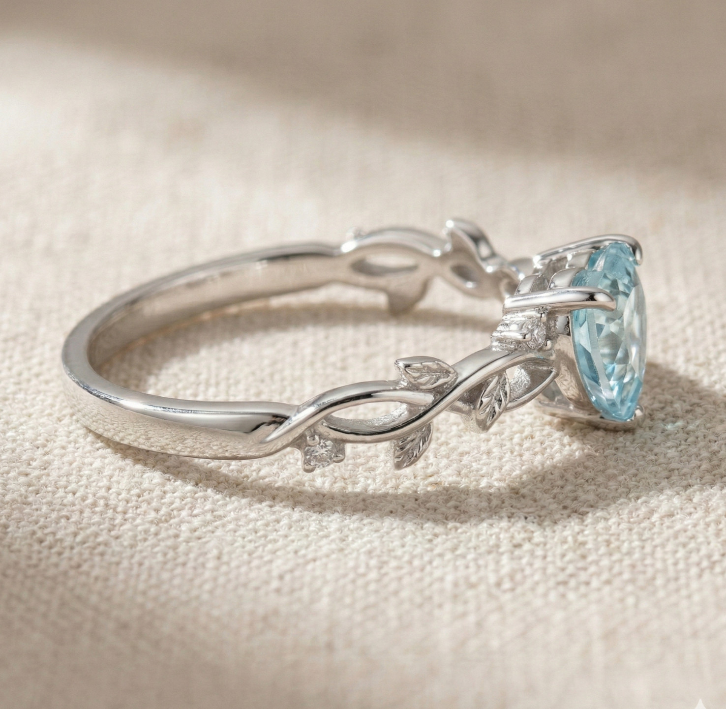 Heart Sky Blue Topaz Ring Leaf Vine Engagement Ring Nature Inspired Wedding Ring