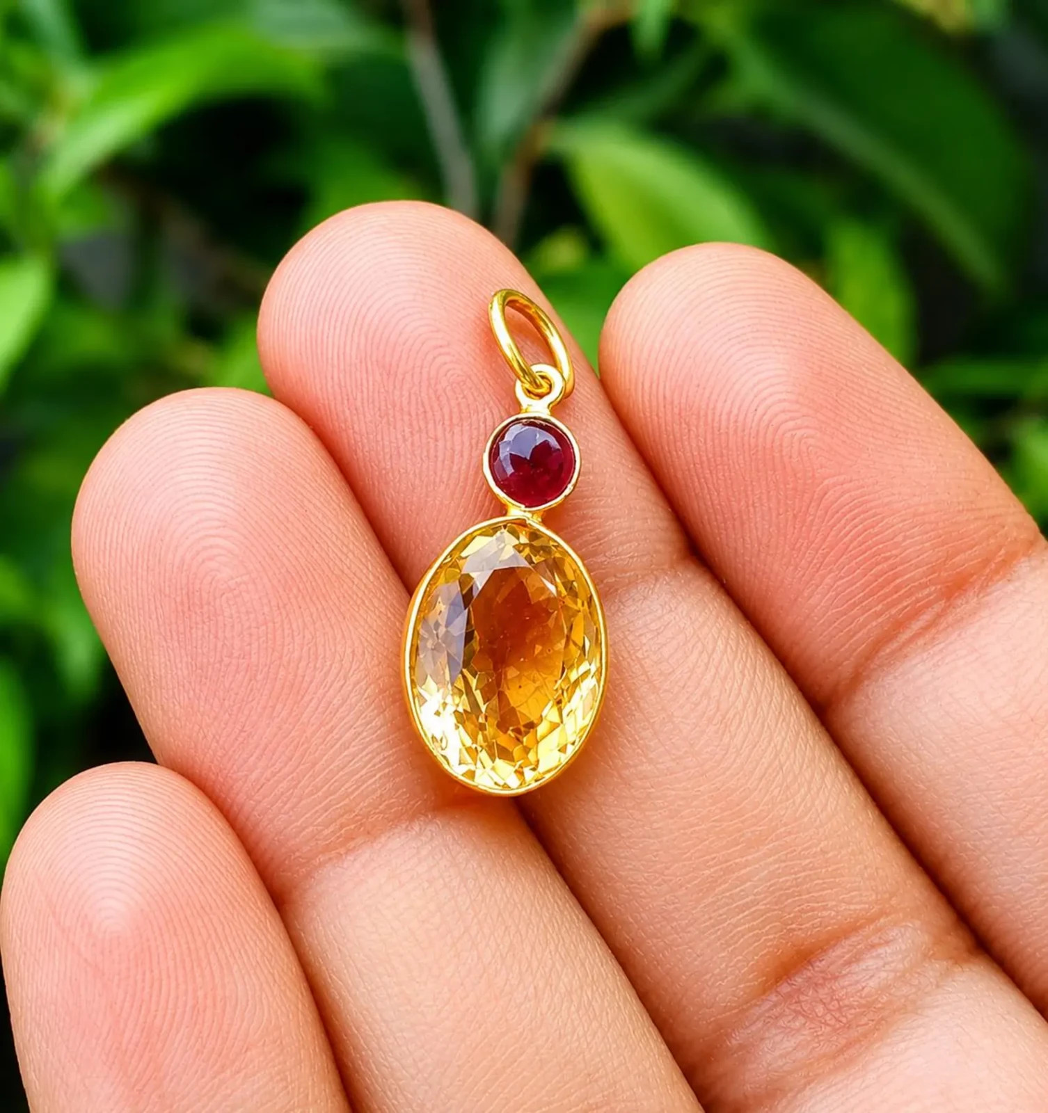 Natural Citrine And Amethyst Gem Charm ,18k Yellow Gold Handmade Pendant