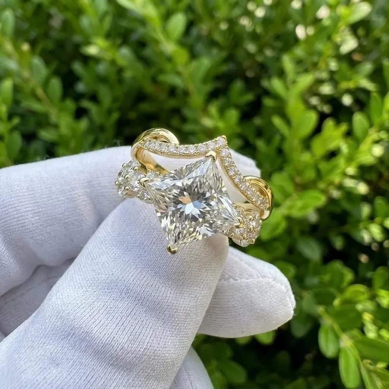 4.80Ct Princess-Cut EF/VS1 Lab Grown Diamond Bridal Set Ring 14K Yellow Gold