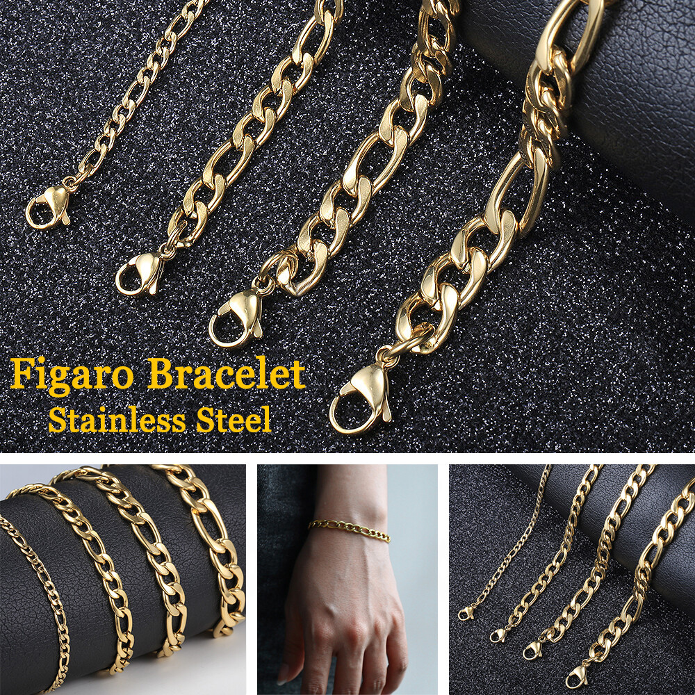 3/5/7/9mm Gold Plated Stainless Steel Figaro Chain Bracelet New Style Jewelry