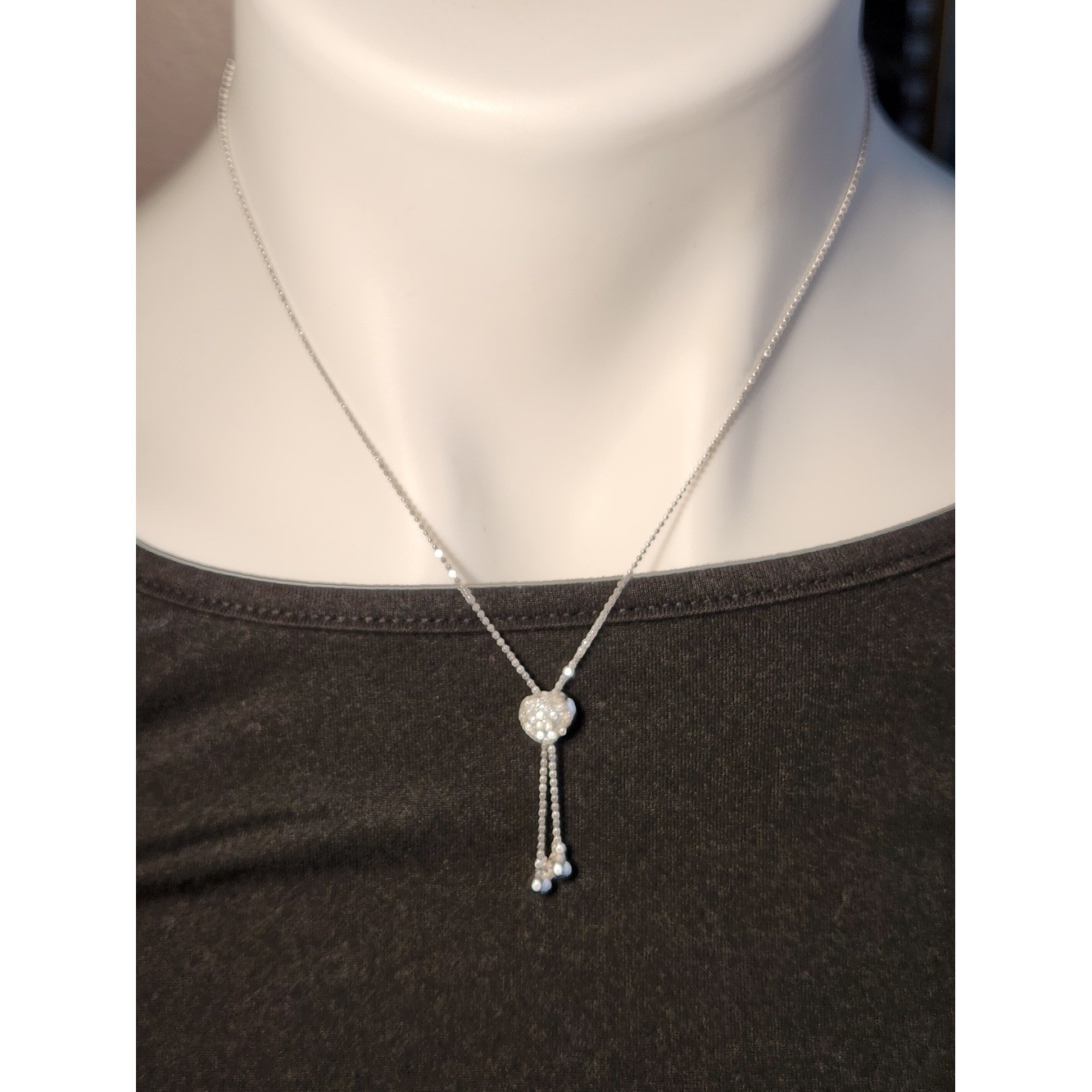 NIB Sterling Silver Heart Bolo Adjustable Slider Pavé Lariat Necklace 16″