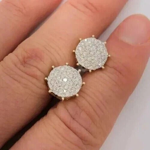 14K Yellow Gold Plated 2Ct Round Cut Real Moissanite Men’s Cluster Stud Earrings