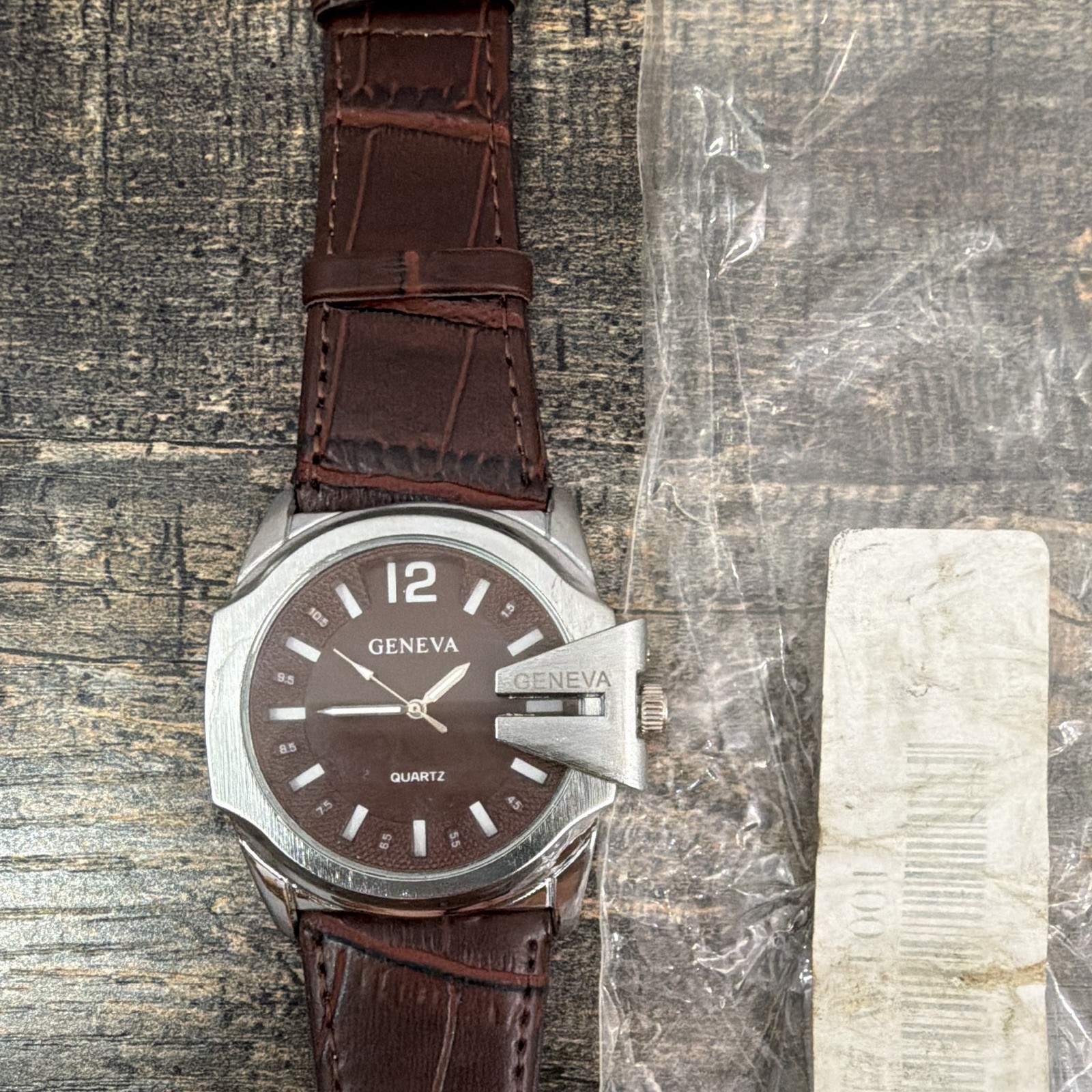 GENEVA Quartz Water-Resistant 42mm Brown Dial Silver Case Leather Strap