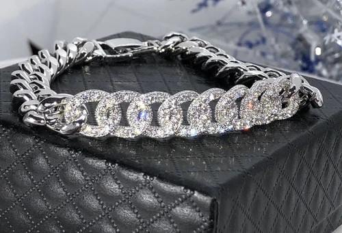18K White Gold Filled Cuban Link Chain Bracelet made Simulated Diamond 7”