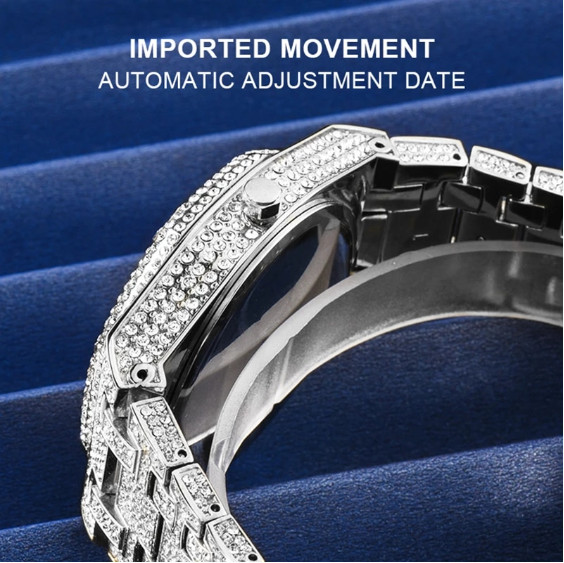 Arabic Hip Hop Luxury Ice out Men Watch Iced Bling Silver Cz Diamond Waterproof