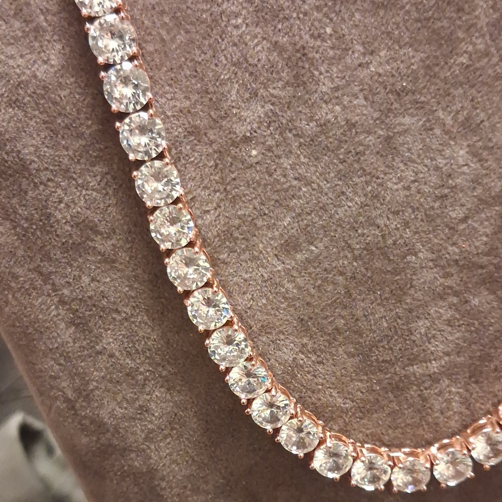 Rose Gold Plated Tennis Chain Necklace Round Simulated CZ Rhinestone Prong Set