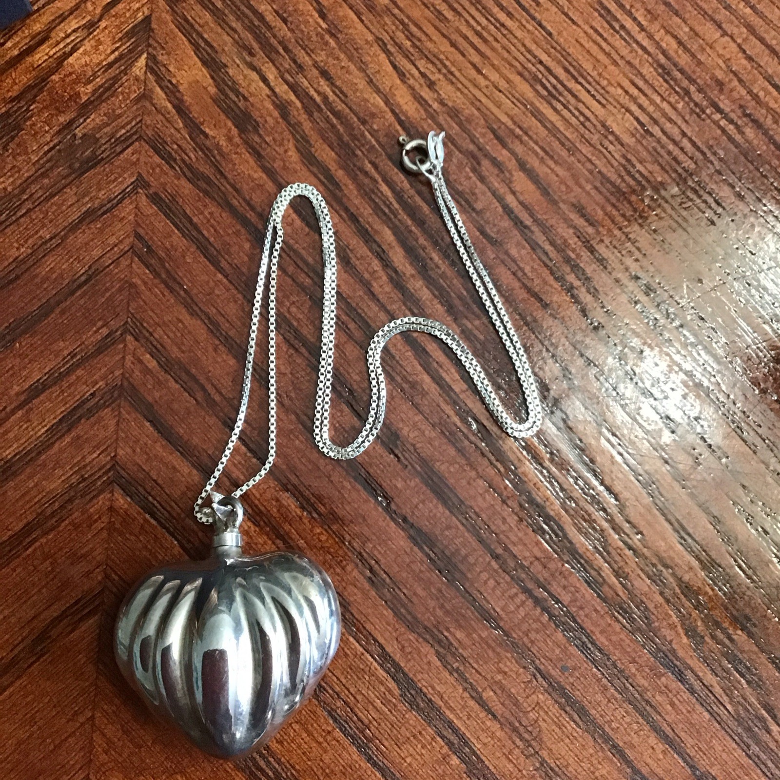 Vintage Signed Mexico Sterling Silver Fluted Heart Perfume Bottle Necklace