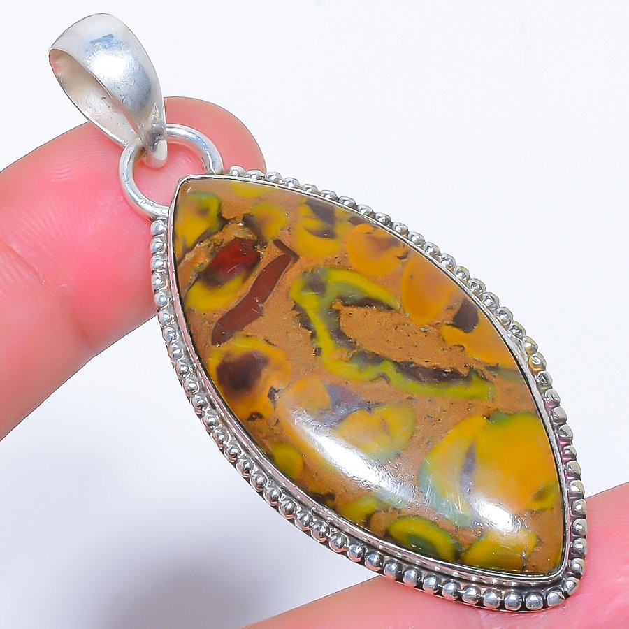 Natural Rainforest Jasper Gemstone 925 Silver Plated Jewelry Pendant 2.5″ S262