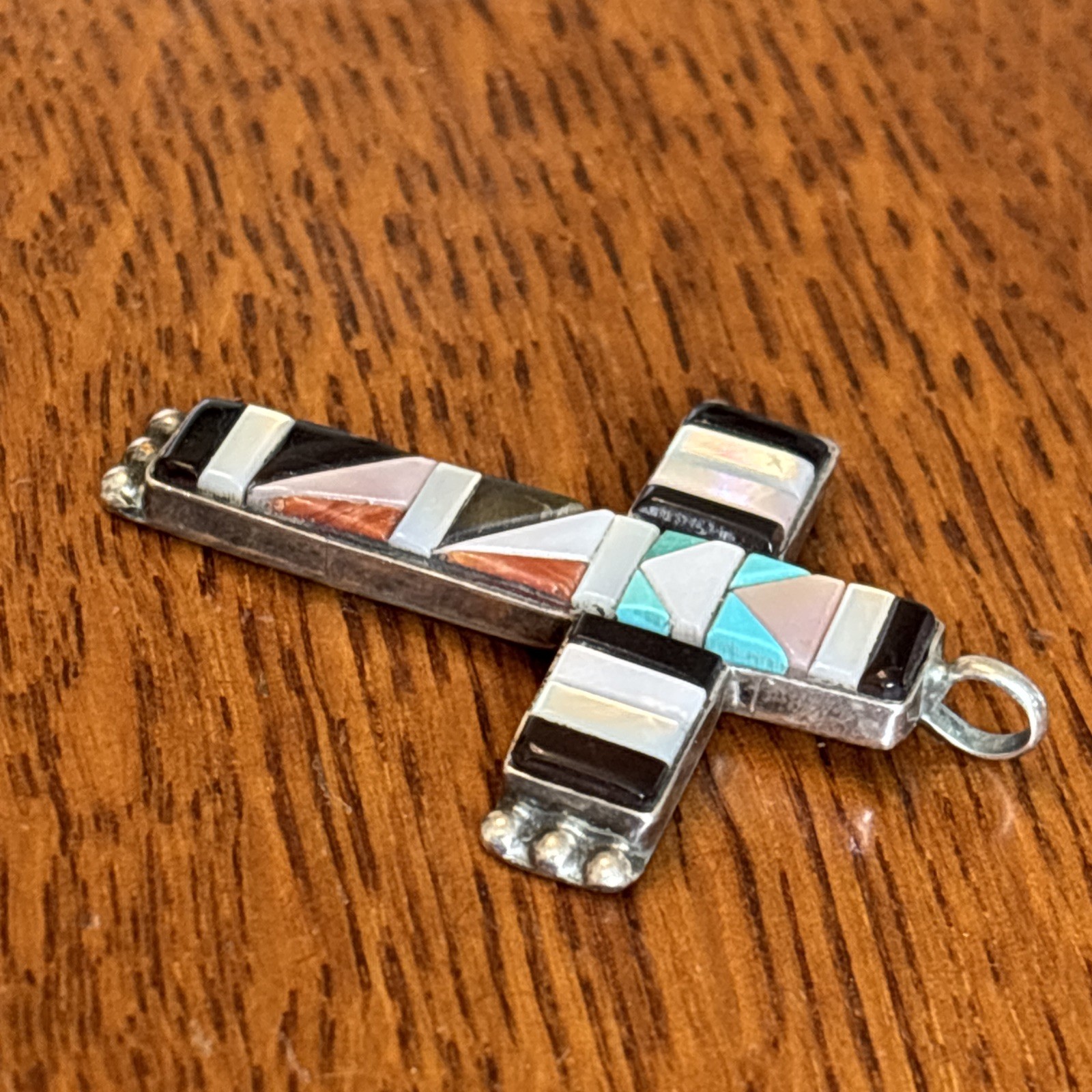 C C Zuni Cross Pendant Sterling Silver Vintage Superb Cobblestone Turquoise Wz