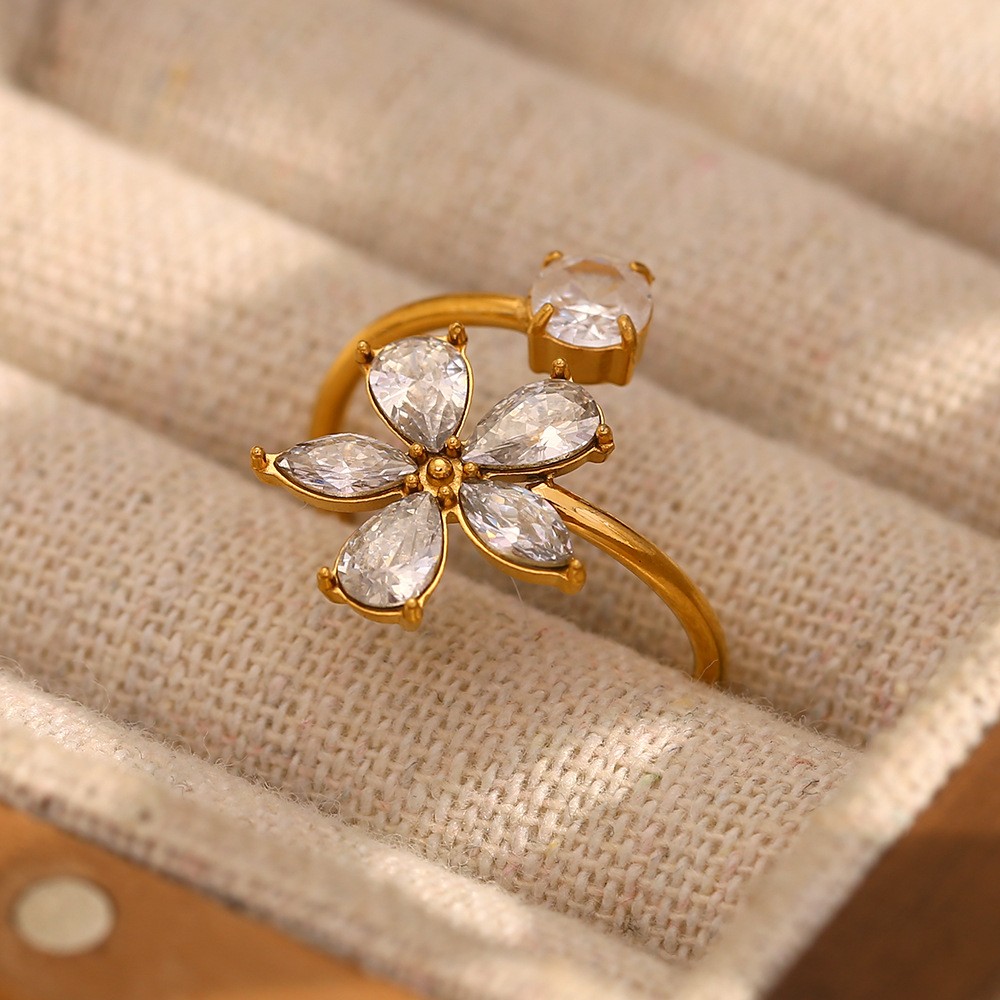 18K Gold Plated Stainless Steel Open Band Ring With Cubic Zirconia Flower Inlay