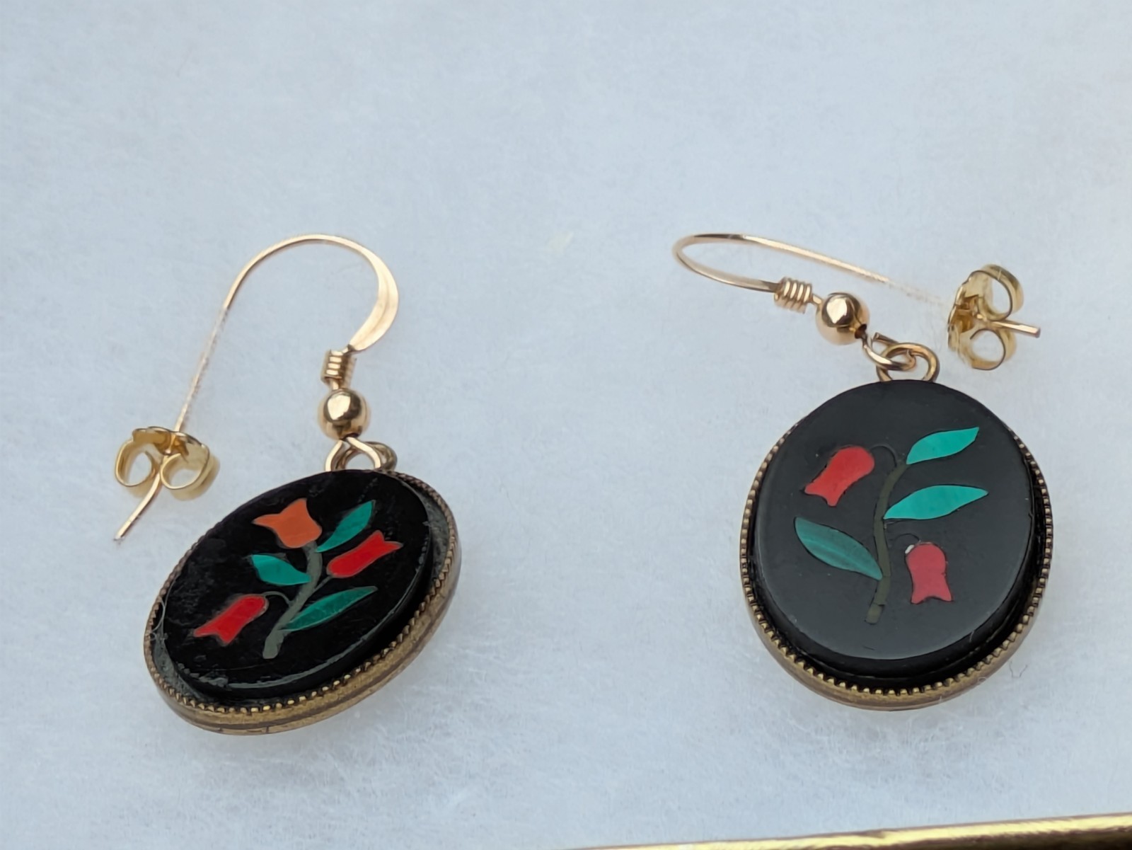 Pietra Dura Pierced Earrings – Made w/ Antique Italian Plaques, 14k GF Hooks C15