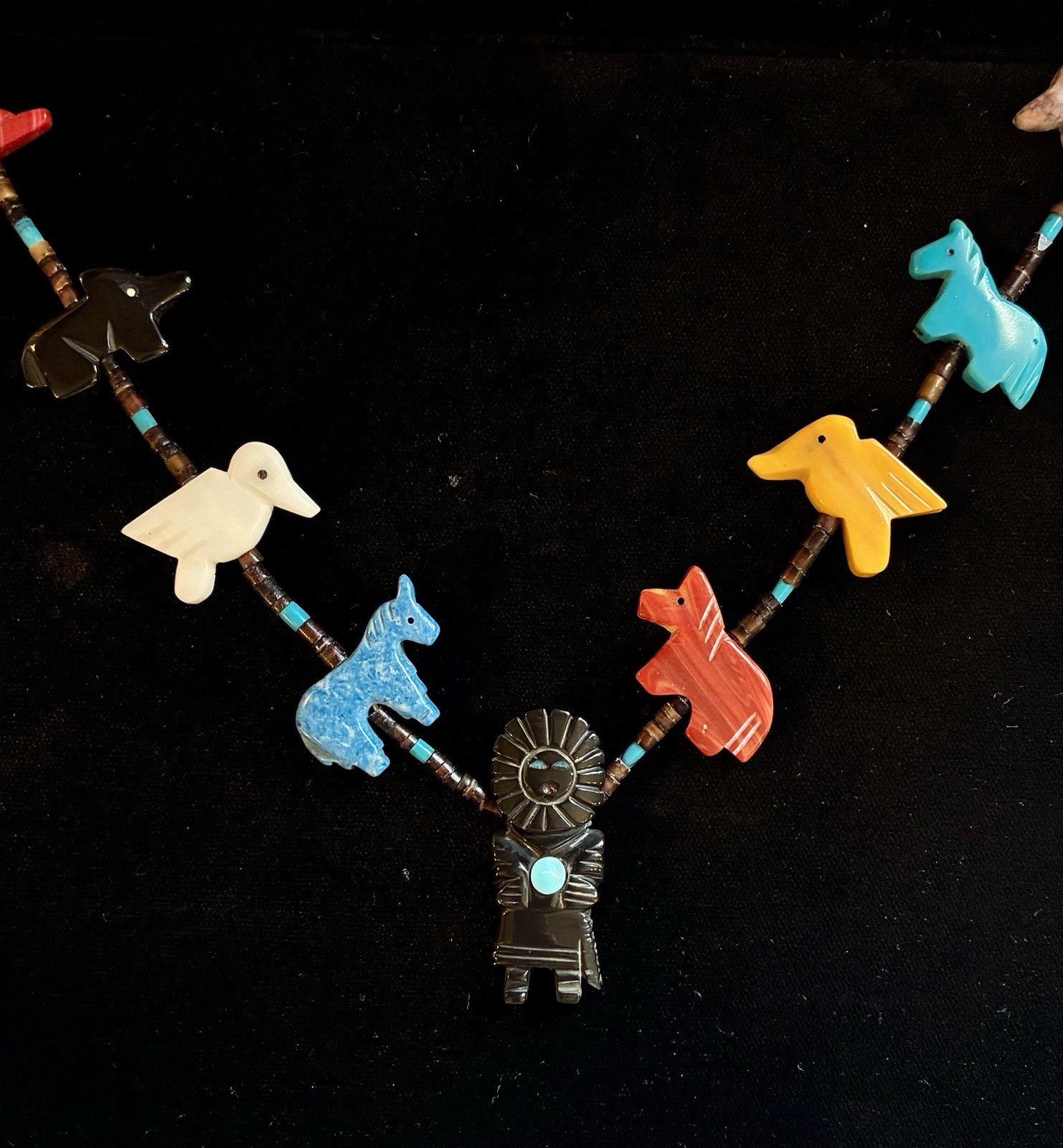 VINTAGE 15 KACHINA ANIMAL FETISH NECKLACE GEMSTONE SILVER SOUTHWESTERN TURQUOISE