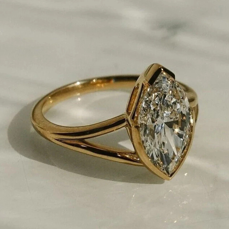 1.40Ct Marquise Cut White Moissanite Women’s Wedding Ring 14k Yellow Gold Plated