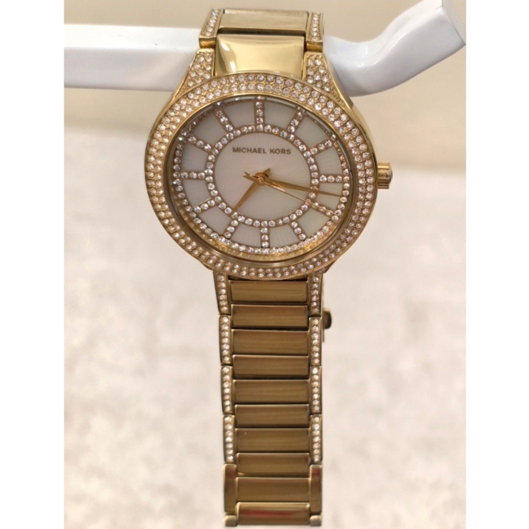 Michael Kors Gold Tone Crystal Pave Mother of Pearl MK Bracelet Watch