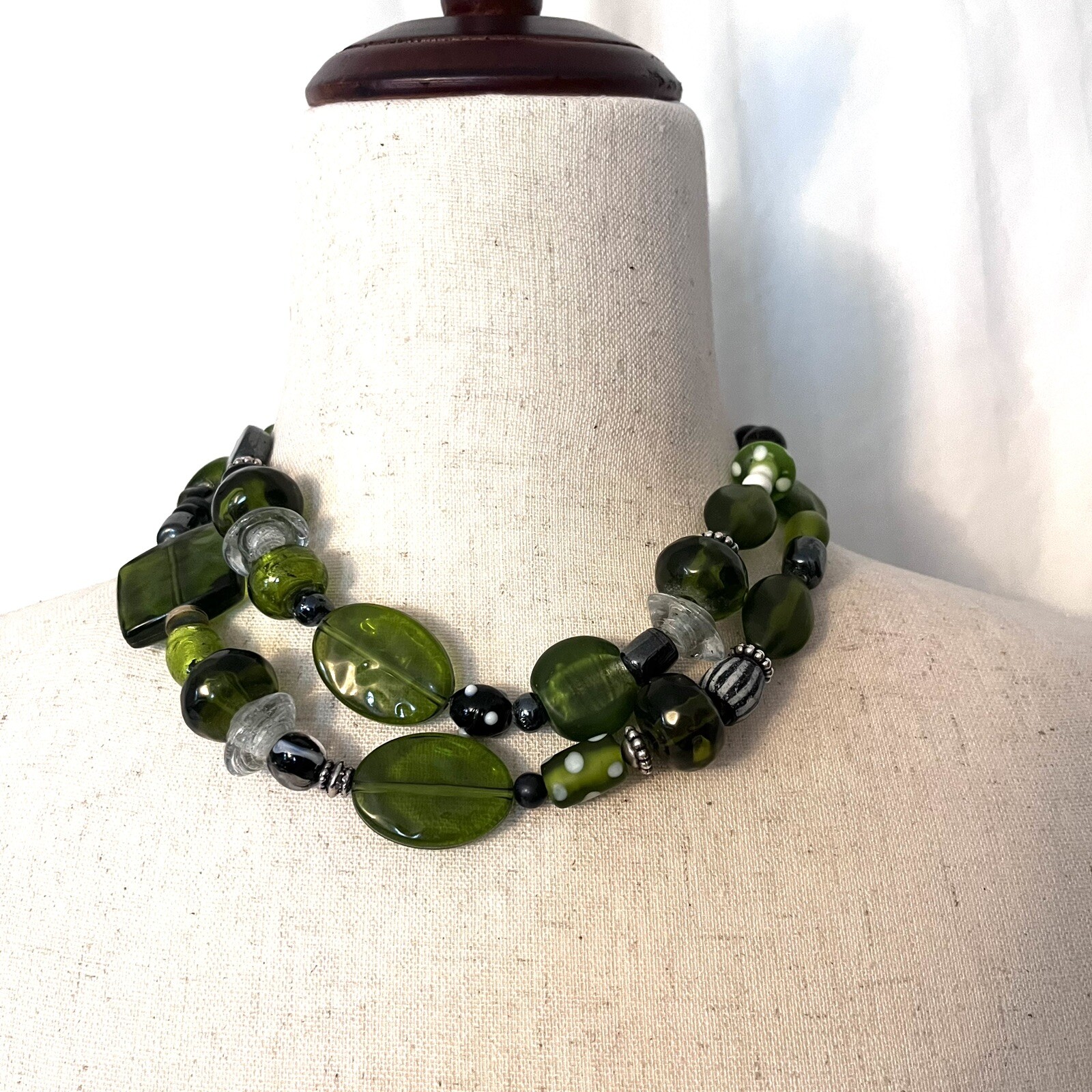 Vintage Glass Bead Chunky Necklace Green Black Stone 36” Silver Clasp Marked 925