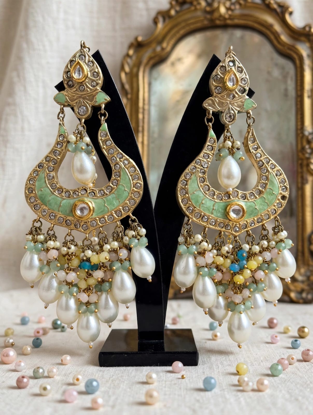 Traditional Kundan Pearl Chandbali Earrings with Pastel Beads for Women